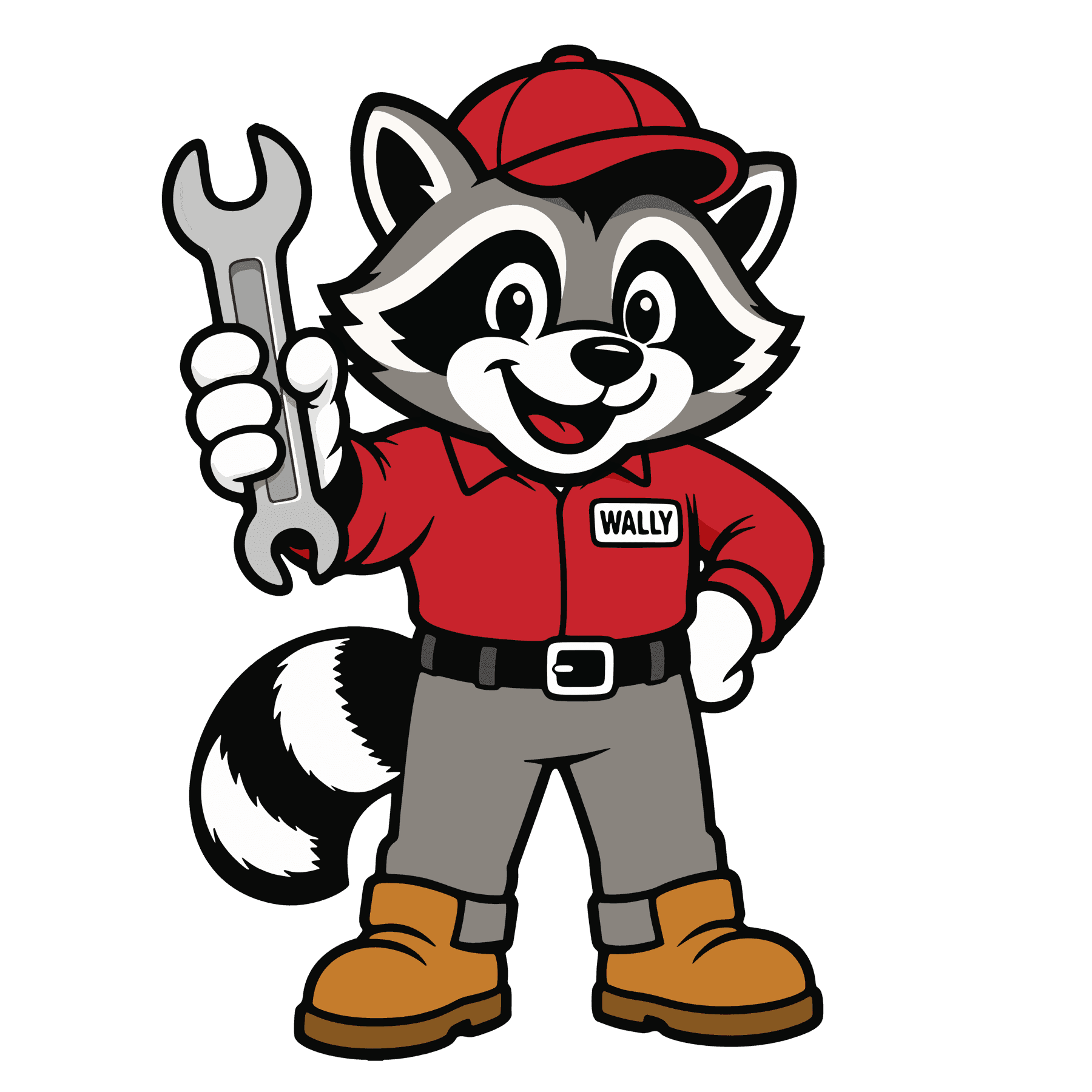 Wally the raccoon mechanic holding a wrench